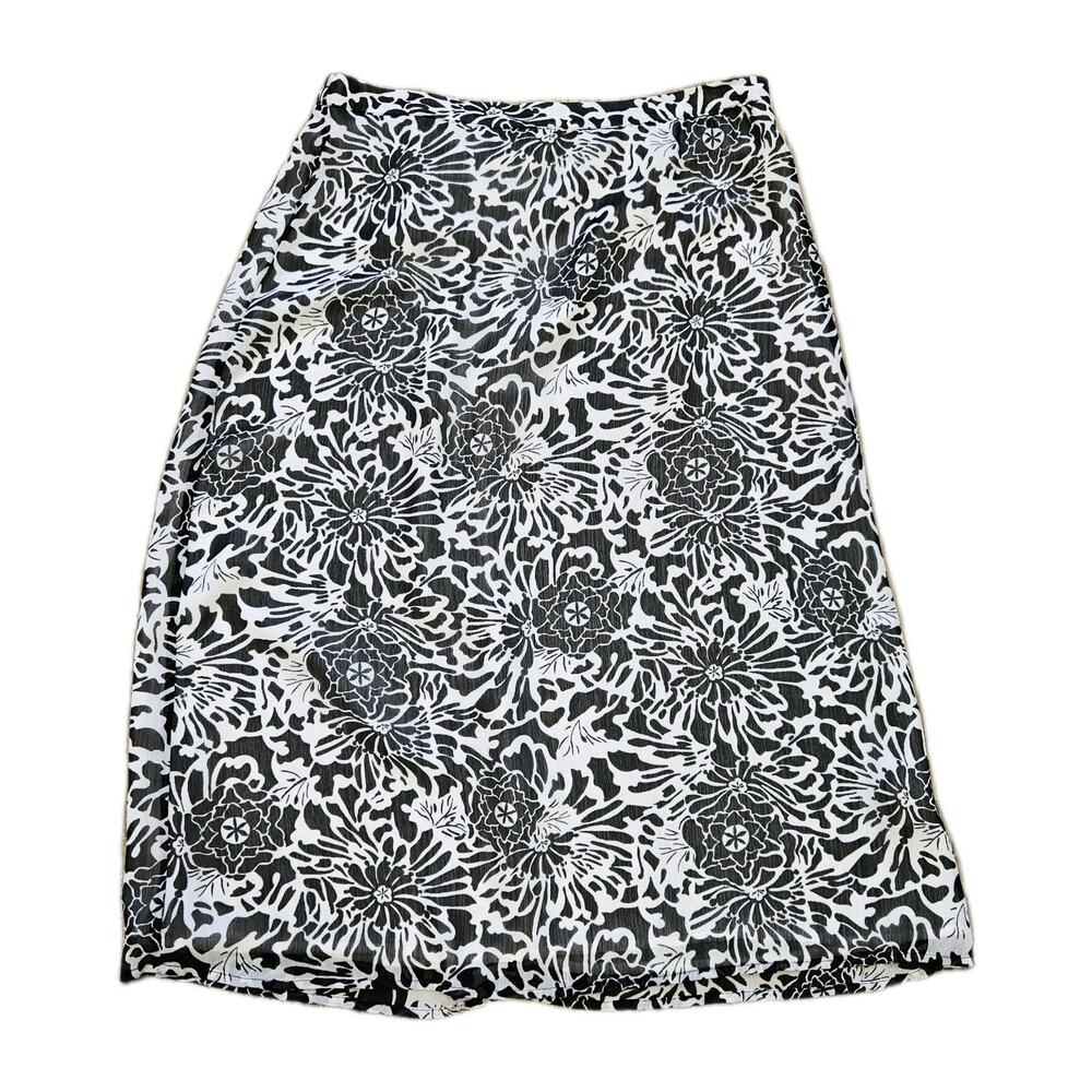 Vtg Floral Midi Skirt Women M Black White Boho Fairycore Elastic Grunge Ditsy